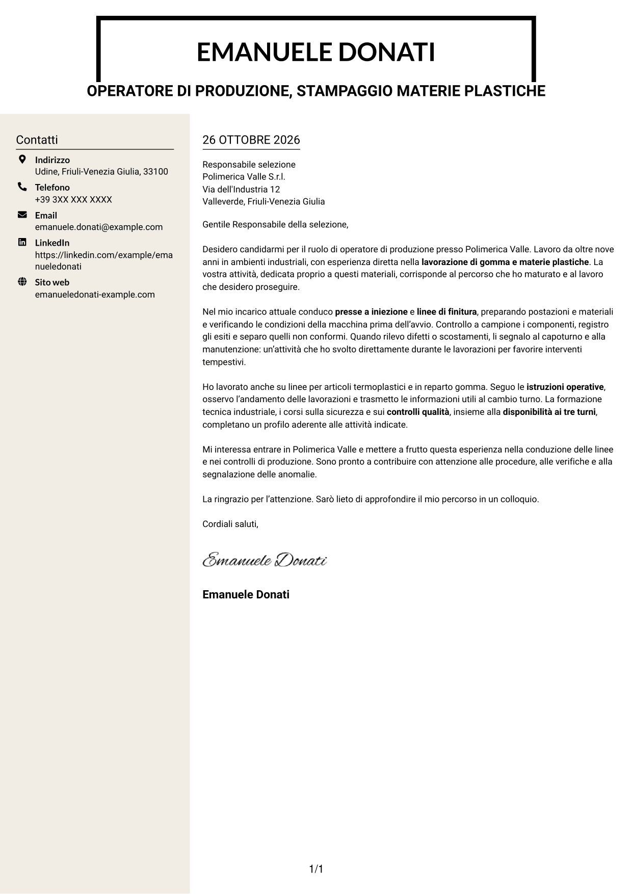 Lettera di presentazione Intraprendente (formato a due colonne con intestazione centrata senza foto): Operatore di produzione - Lavorazione gomma e plastica, pagina 1