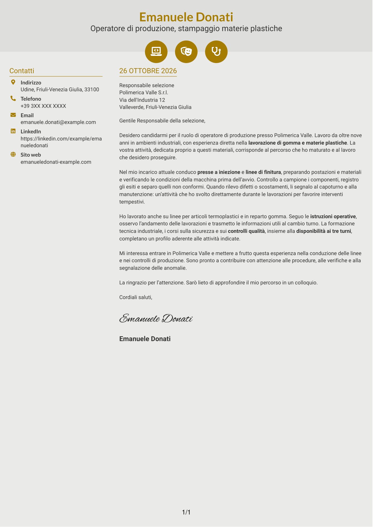 Lettera di presentazione Dinamico (formato a due colonne con icone): Operatore di produzione - Lavorazione gomma e plastica, pagina 1
