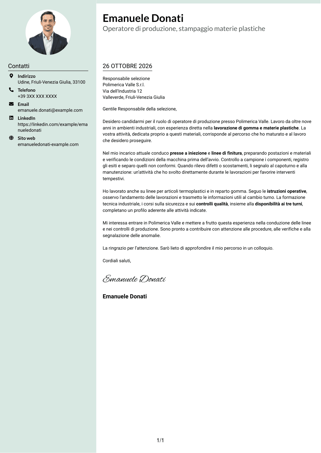 Lettera di presentazione Dirigente (formato con colonna laterale tenue e foto arrotondata): Operatore di produzione - Lavorazione gomma e plastica, pagina 1