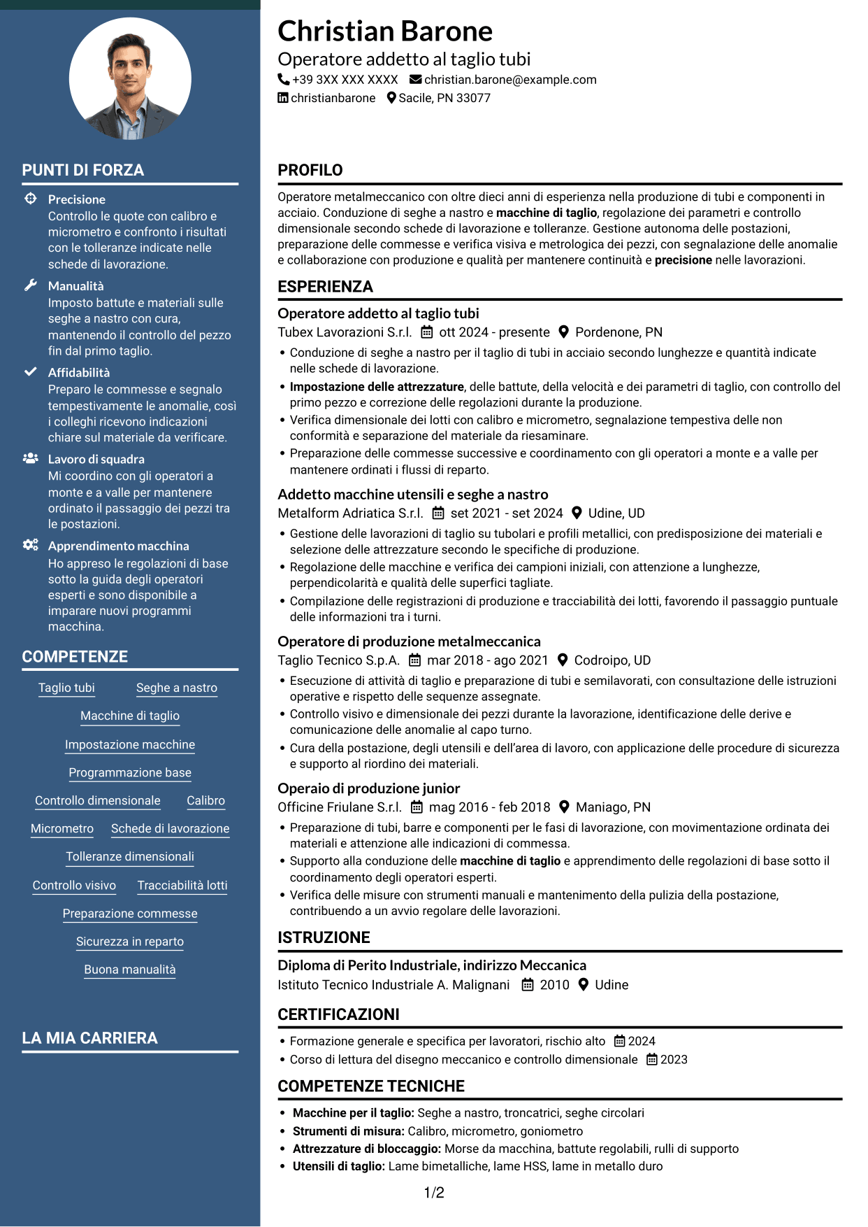 CV Elegante (formato con colonna laterale colorata e foto): Operatore di produzione - Taglio tubi, pagina 1