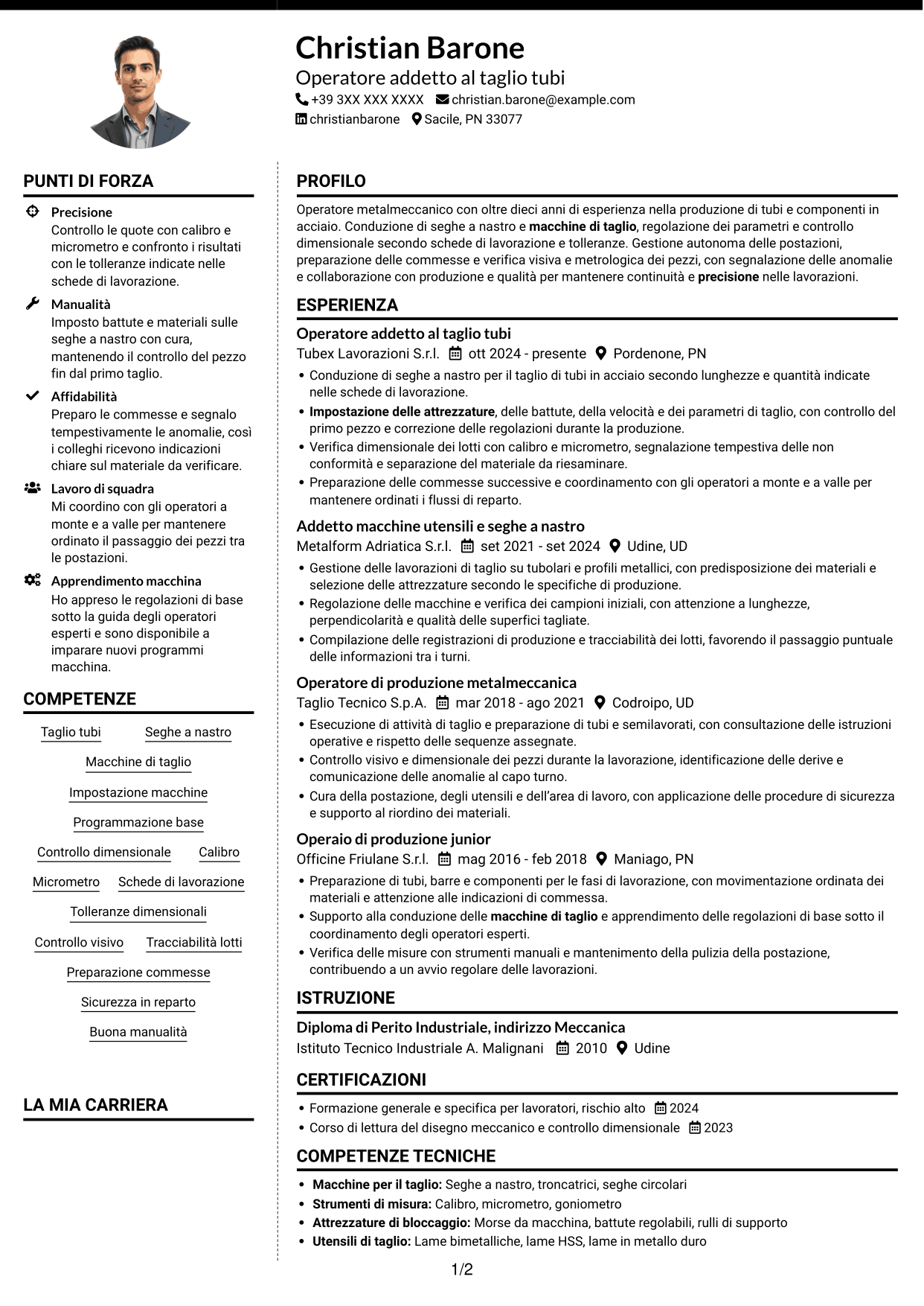 CV Moderno (formato a due colonne con foto a sinistra e separatore): Operatore di produzione - Taglio tubi, pagina 1