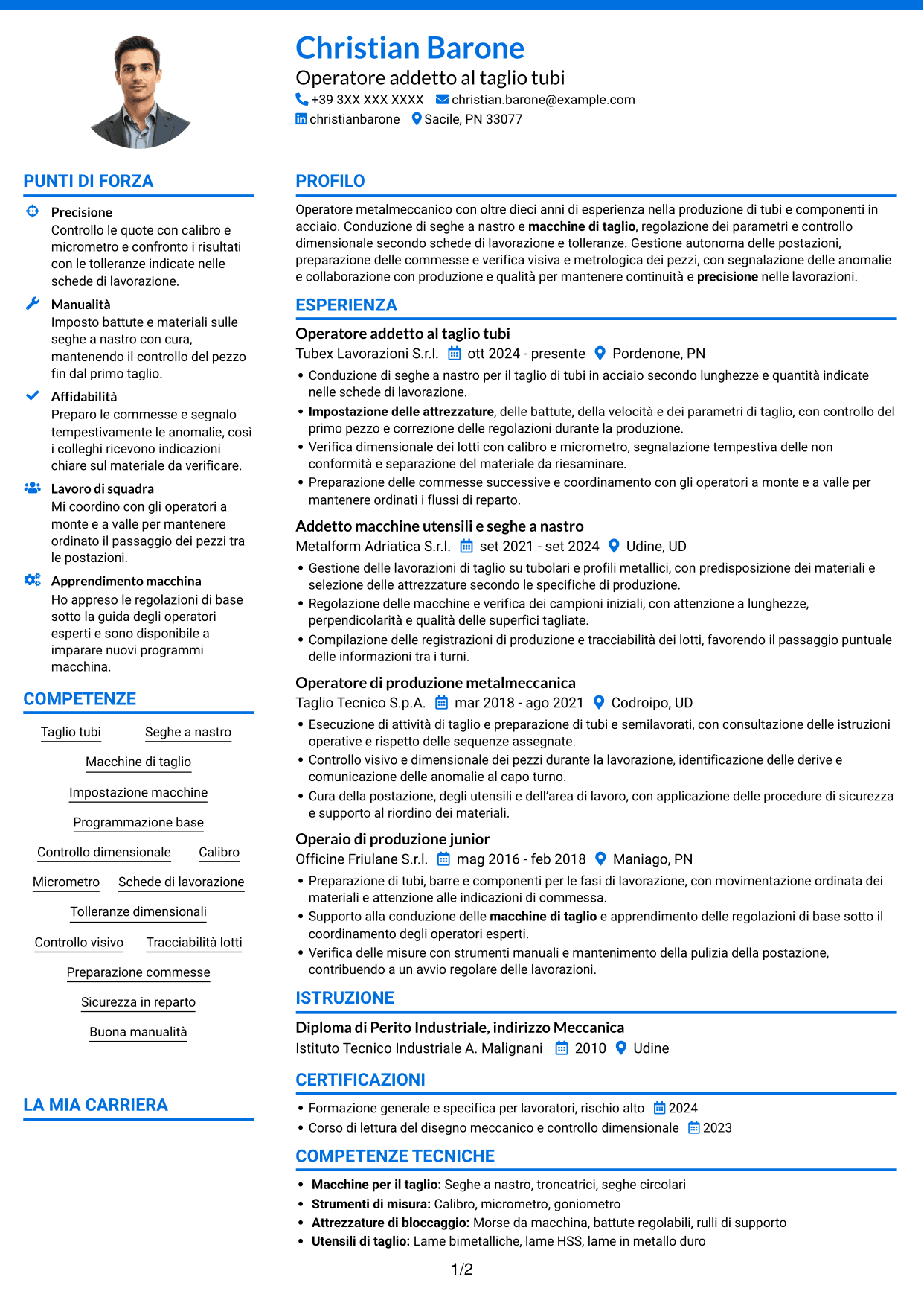 CV Audace (formato a due colonne con accenti colorati e foto): Operatore di produzione - Taglio tubi, pagina 1