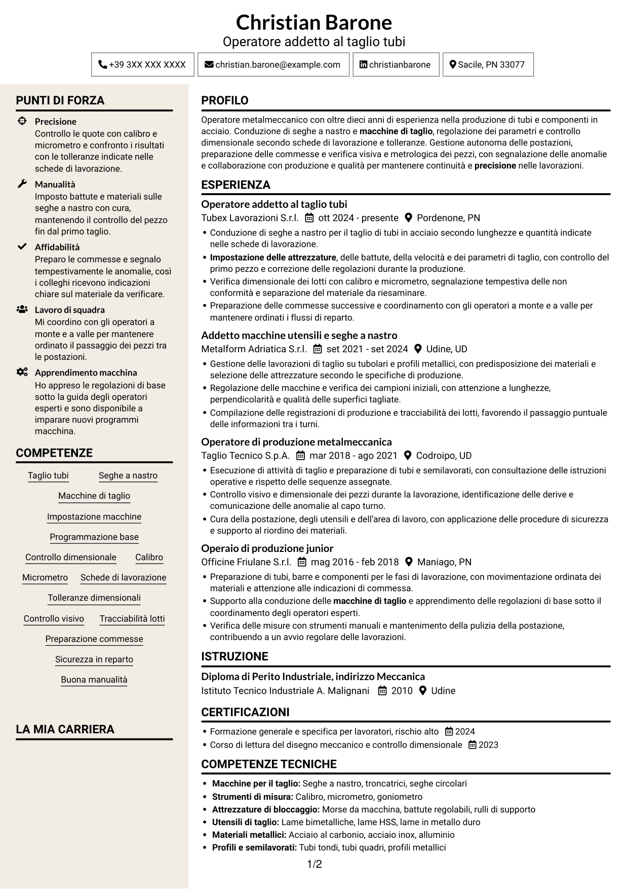 CV Intraprendente (formato a due colonne con intestazione centrata senza foto): Operatore di produzione - Taglio tubi, pagina 1
