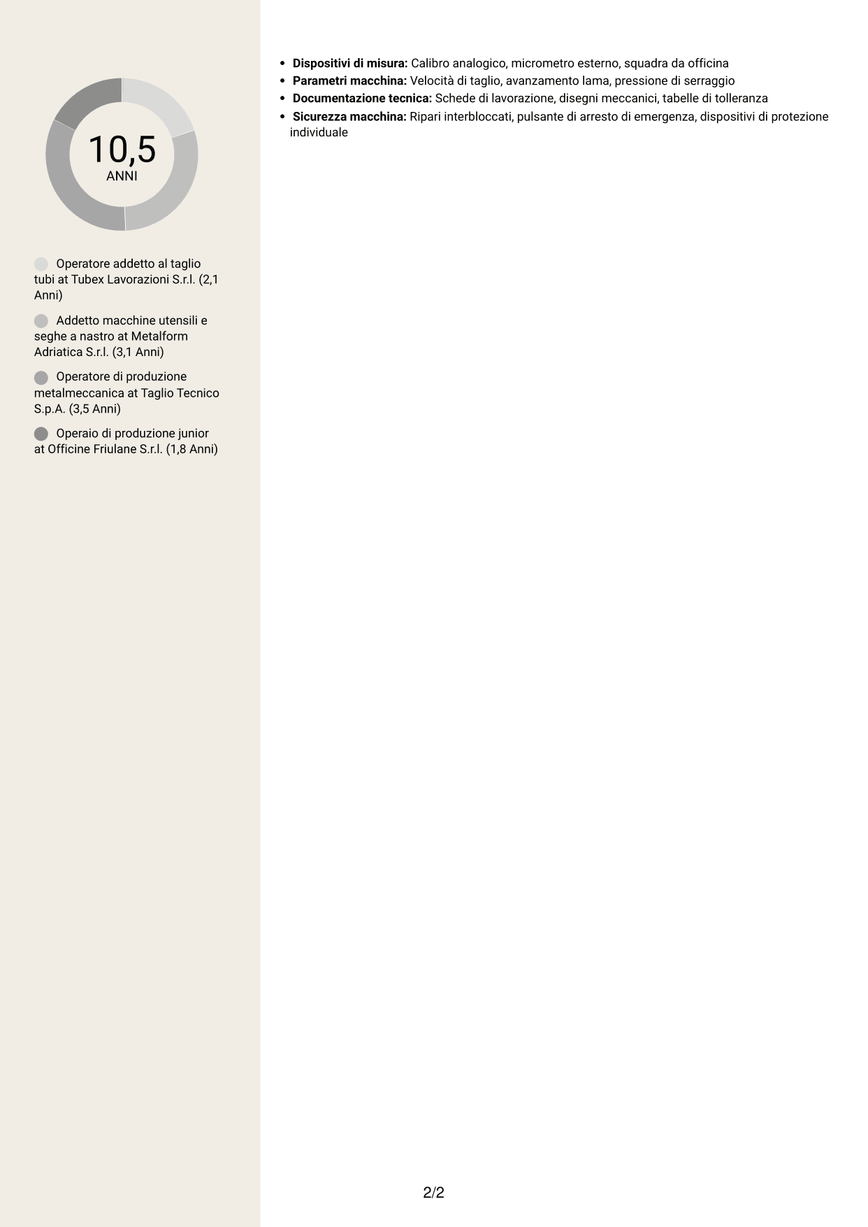 CV Intraprendente (formato a due colonne con intestazione centrata senza foto): Operatore di produzione - Taglio tubi, pagina 2