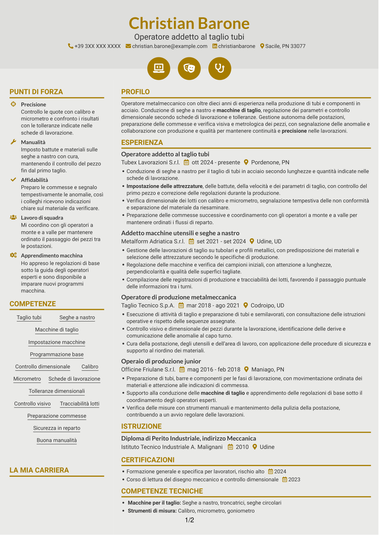 CV Dinamico (formato a due colonne con icone): Operatore di produzione - Taglio tubi, pagina 1