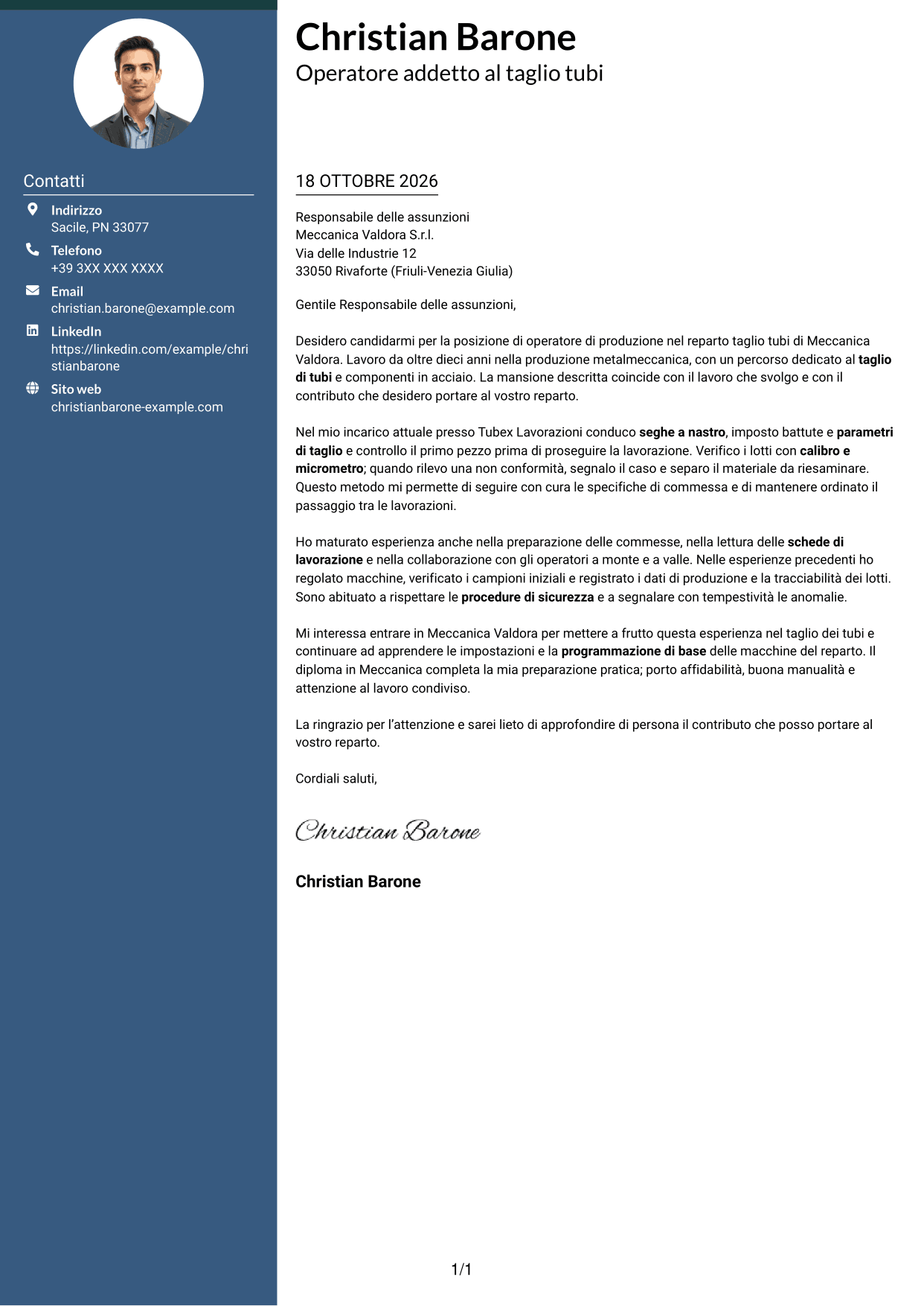 Lettera di presentazione Elegante (formato con colonna laterale colorata e foto): Operatore di produzione - Taglio tubi, pagina 1