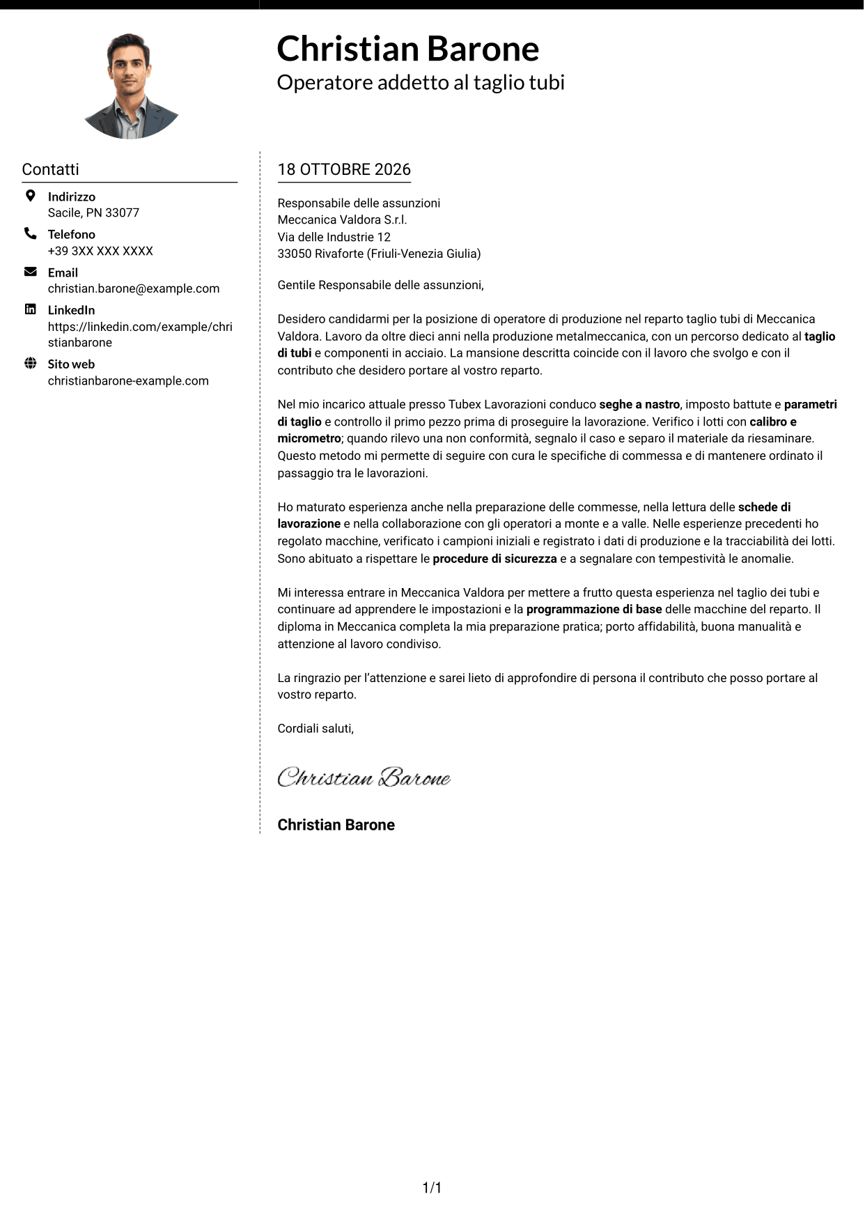 Lettera di presentazione Moderno (formato a due colonne con foto a sinistra e separatore): Operatore di produzione - Taglio tubi, pagina 1