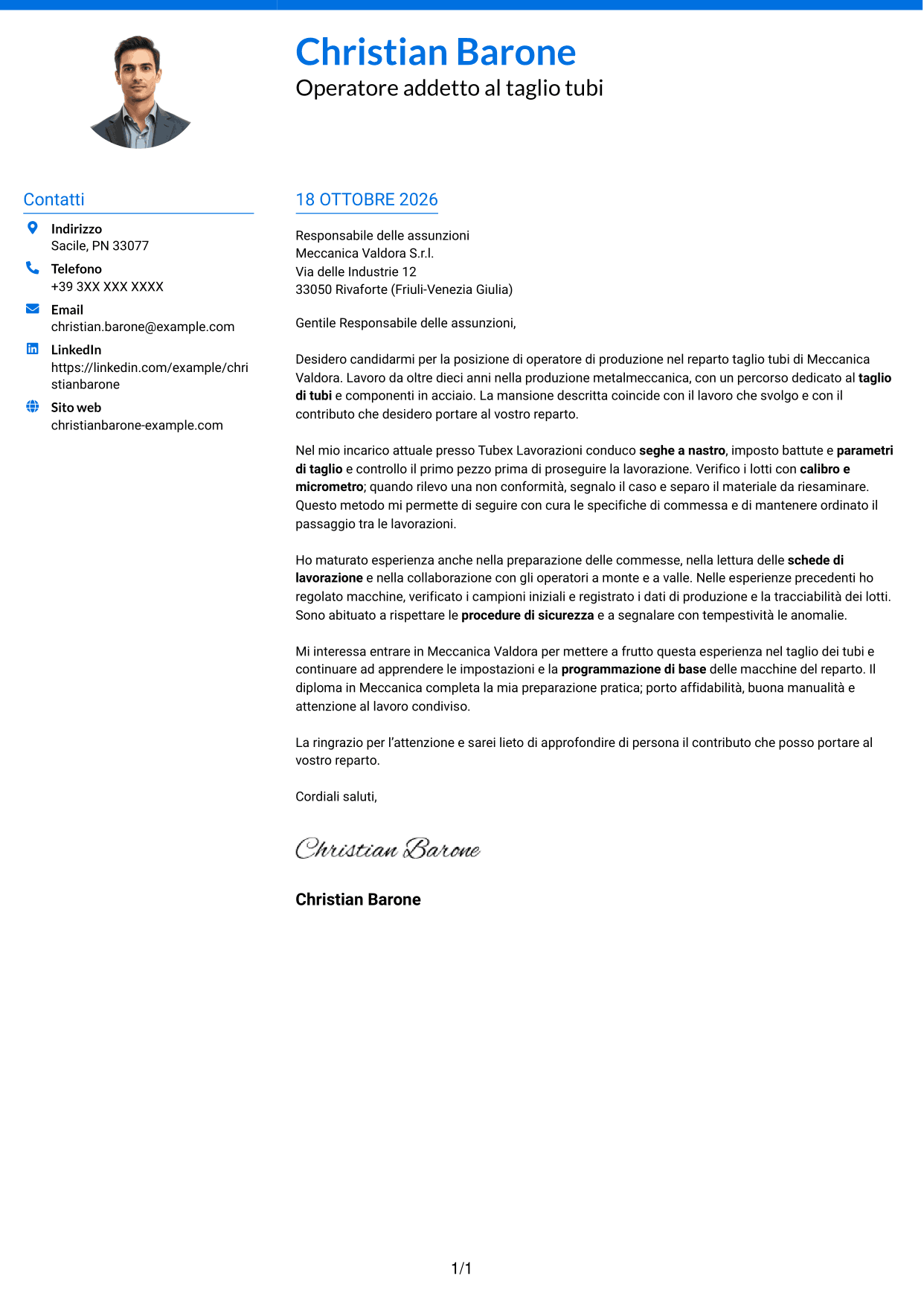 Lettera di presentazione Audace (formato a due colonne con accenti colorati e foto): Operatore di produzione - Taglio tubi, pagina 1