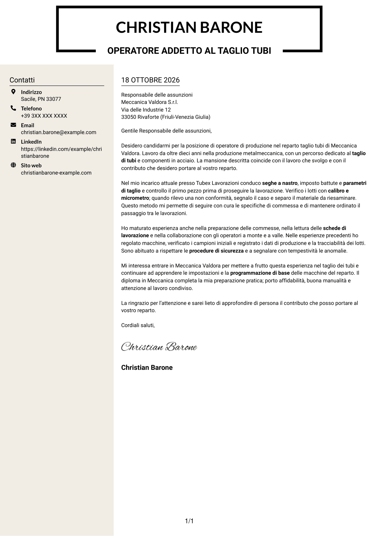 Lettera di presentazione Intraprendente (formato a due colonne con intestazione centrata senza foto): Operatore di produzione - Taglio tubi, pagina 1