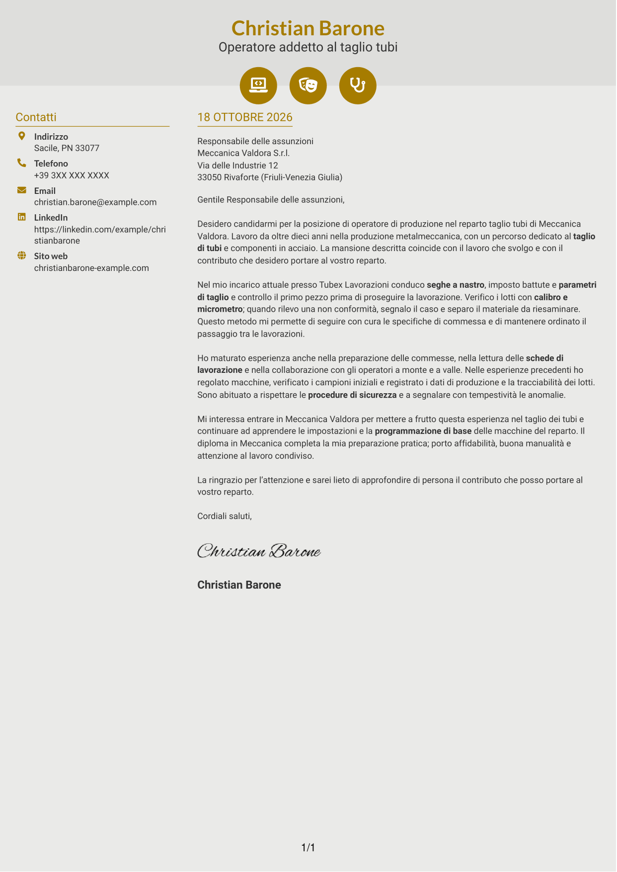 Lettera di presentazione Dinamico (formato a due colonne con icone): Operatore di produzione - Taglio tubi, pagina 1