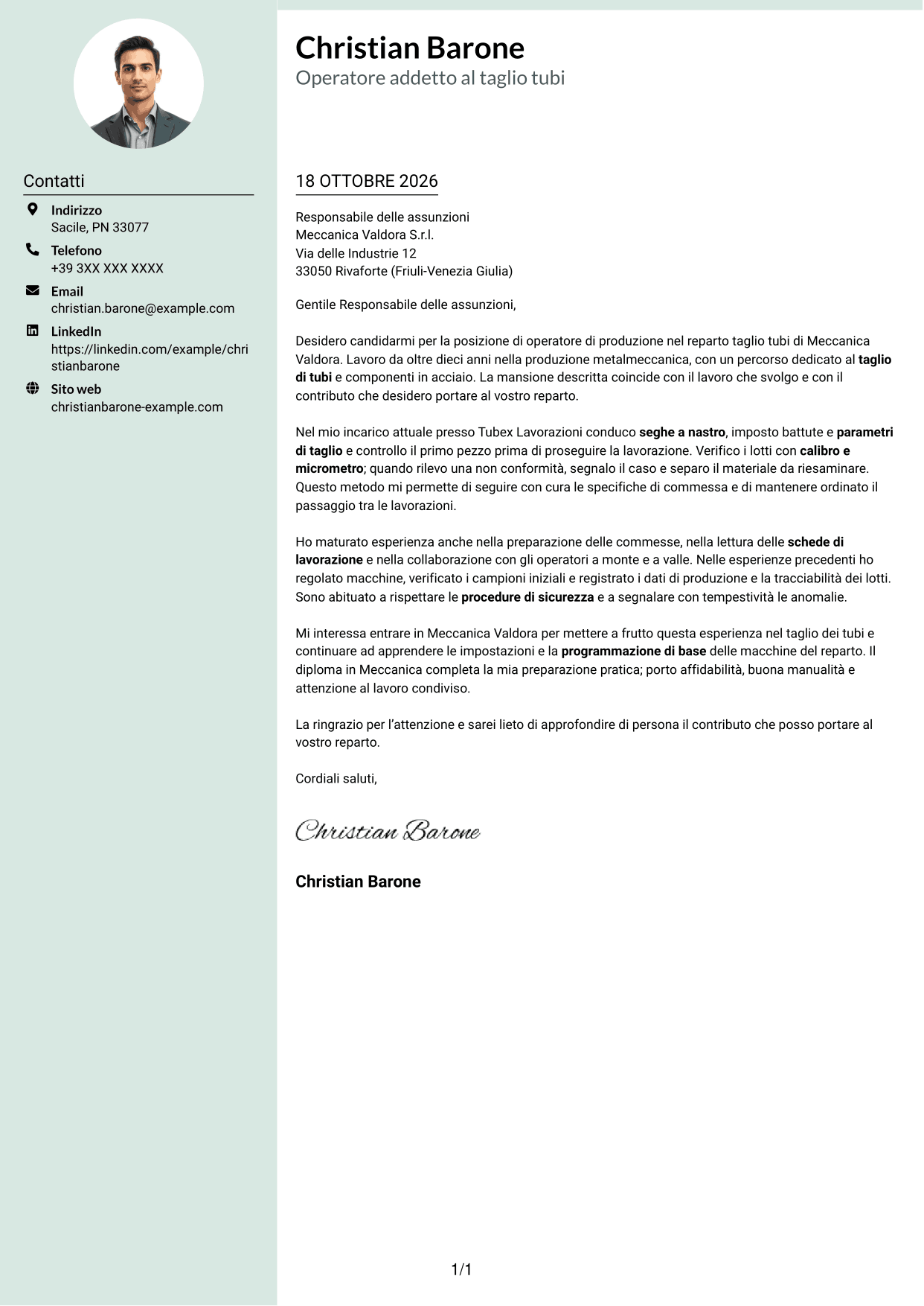 Lettera di presentazione Dirigente (formato con colonna laterale tenue e foto arrotondata): Operatore di produzione - Taglio tubi, pagina 1