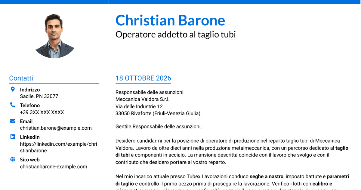 7 modelli di lettera di presentazione per Operatore di produzione - Taglio tubi, con esempi