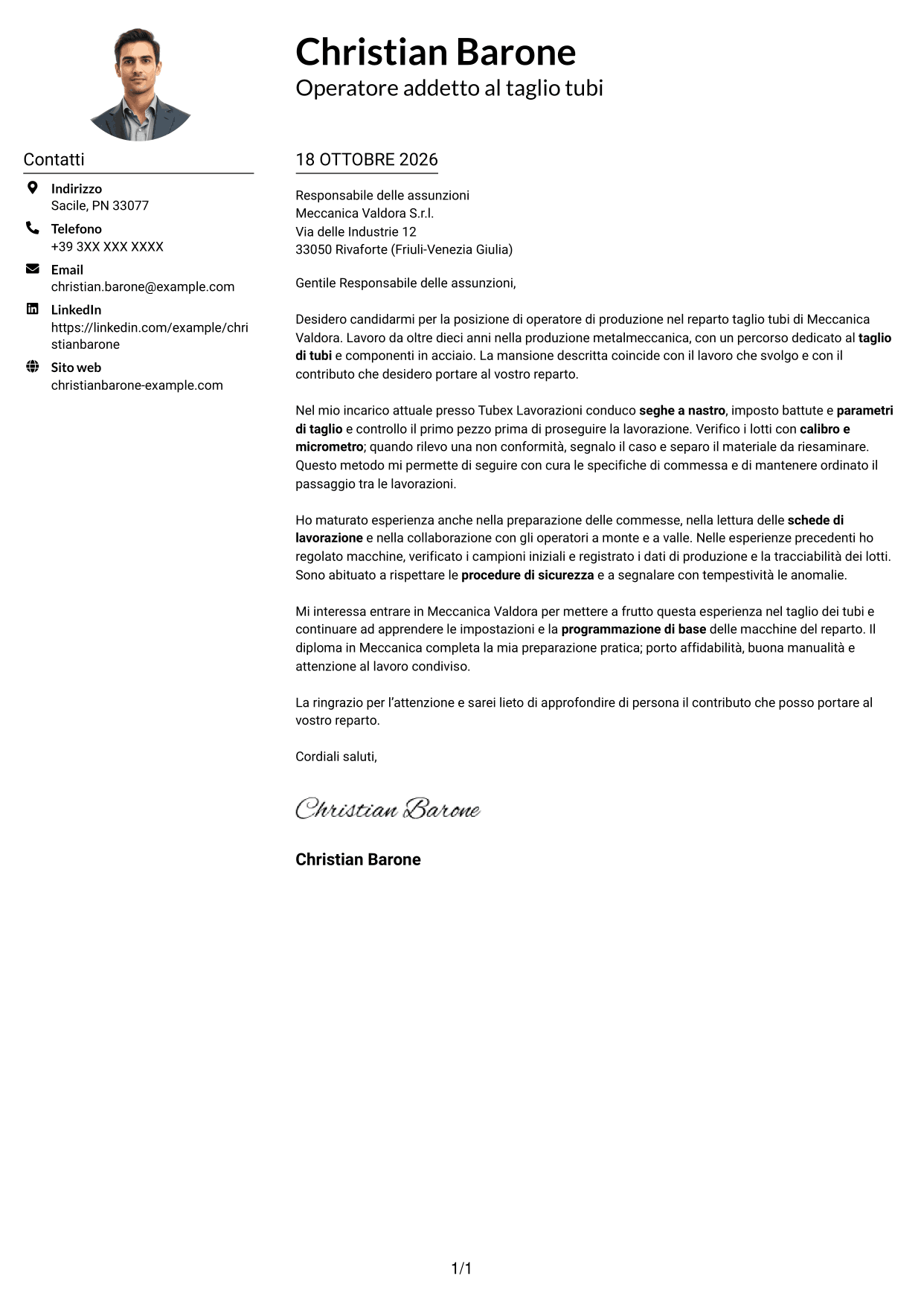 Esempio di lettera di presentazione — pagina 1