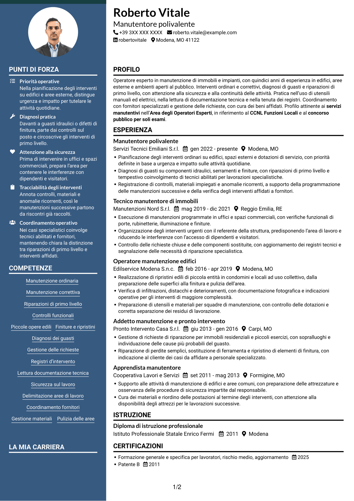CV Elegante (formato con colonna laterale colorata e foto): Operatore esperto in servizi manutentivi, pagina 1