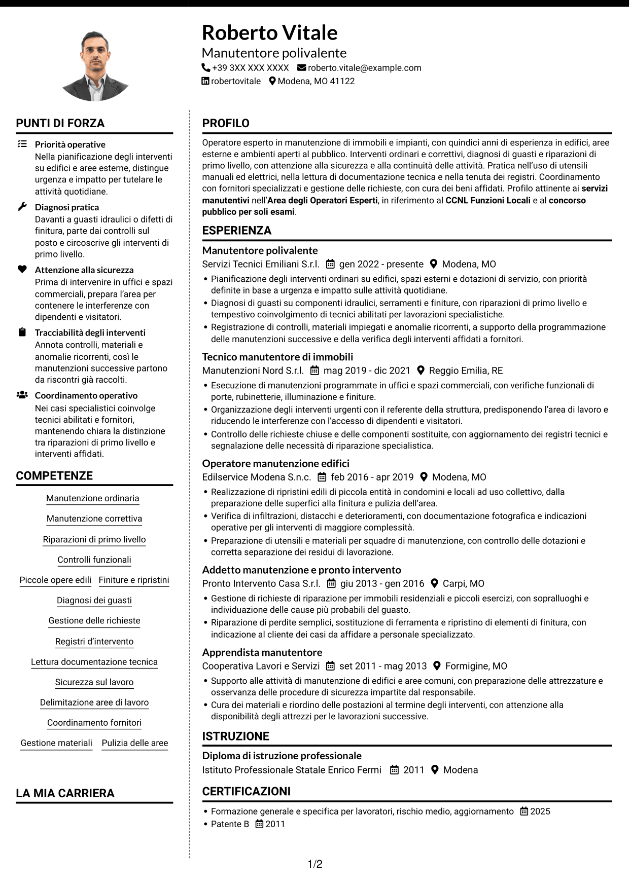 CV Moderno (formato a due colonne con foto a sinistra e separatore): Operatore esperto in servizi manutentivi, pagina 1
