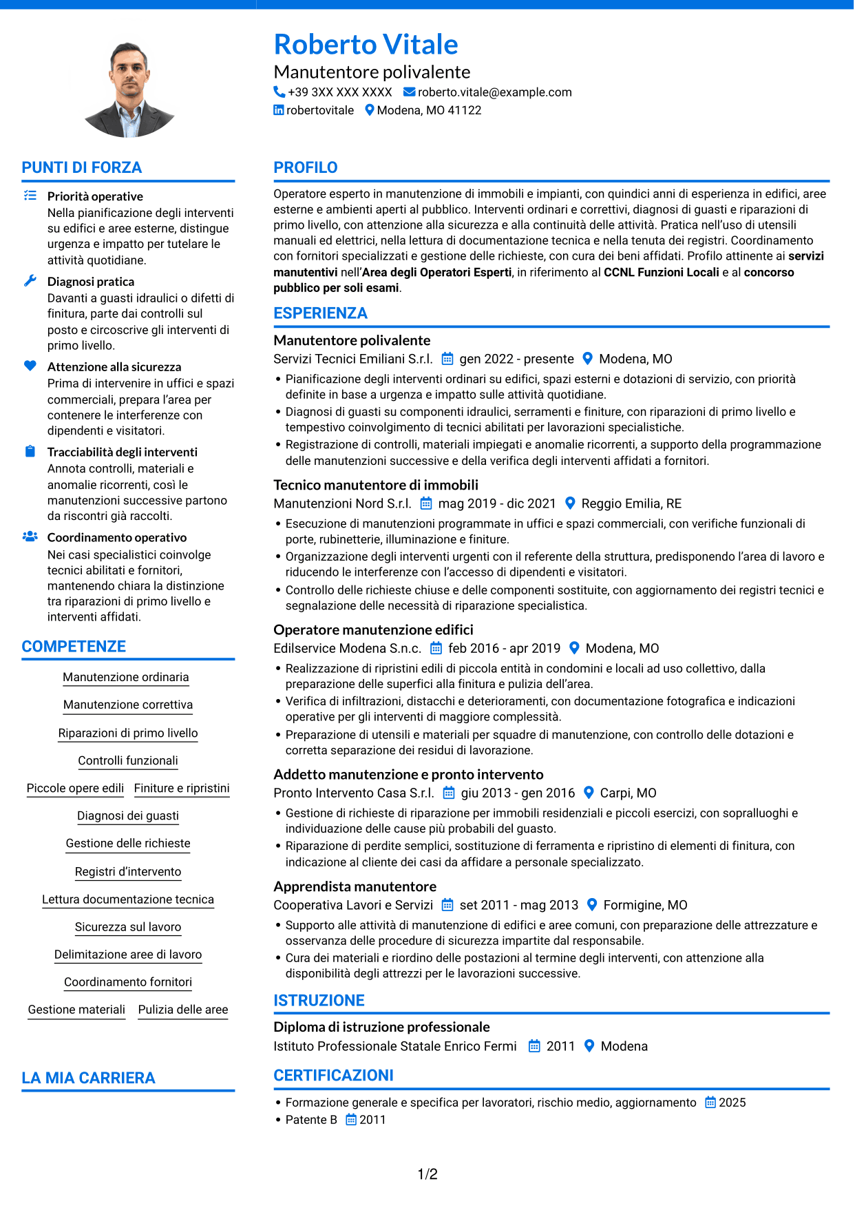 CV Audace (formato a due colonne con accenti colorati e foto): Operatore esperto in servizi manutentivi, pagina 1