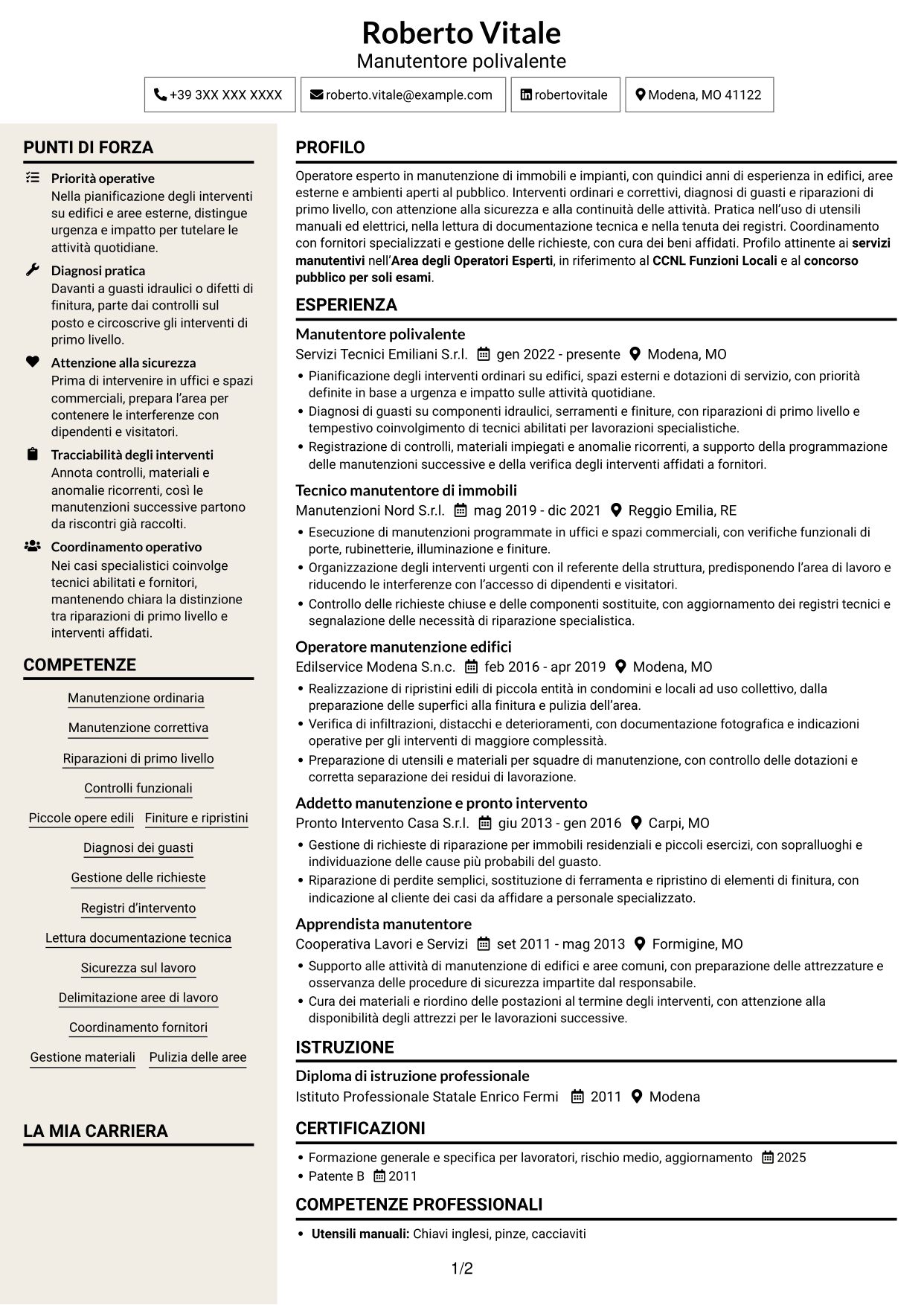 CV Intraprendente (formato a due colonne con intestazione centrata senza foto): Operatore esperto in servizi manutentivi, pagina 1