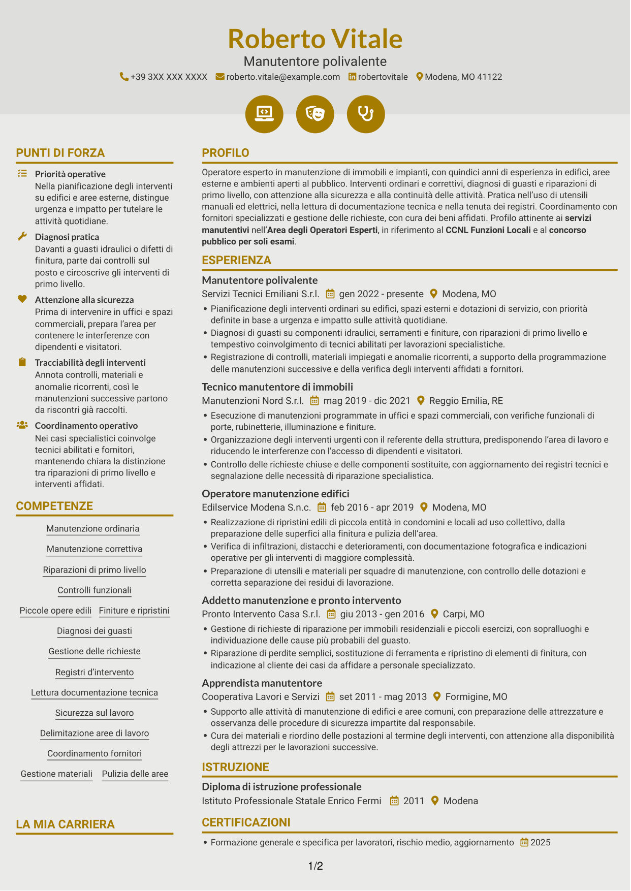 CV Dinamico (formato a due colonne con icone): Operatore esperto in servizi manutentivi, pagina 1