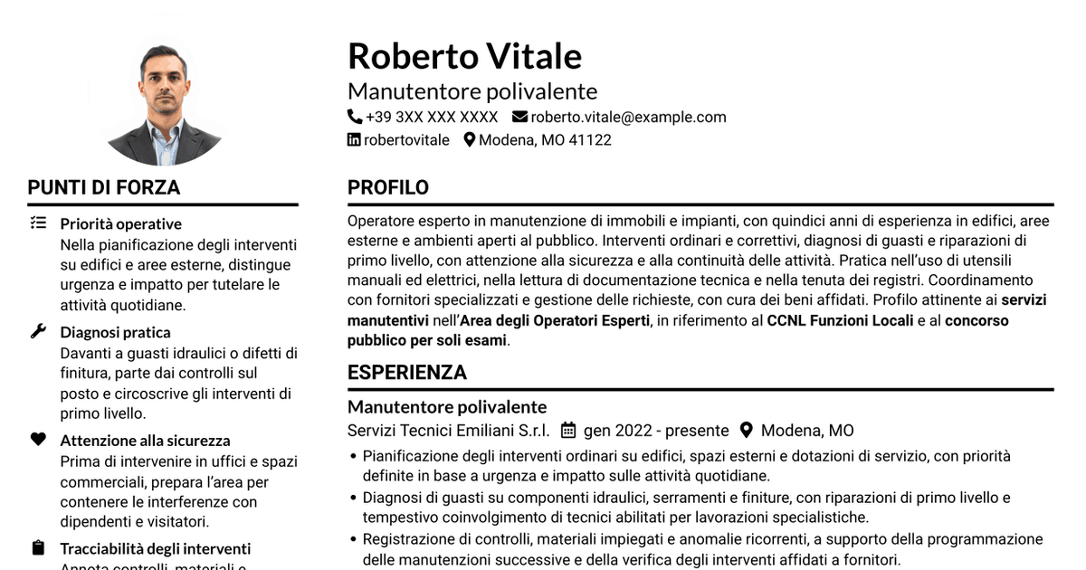 7 modelli di CV per Operatore esperto in servizi manutentivi, con esempi