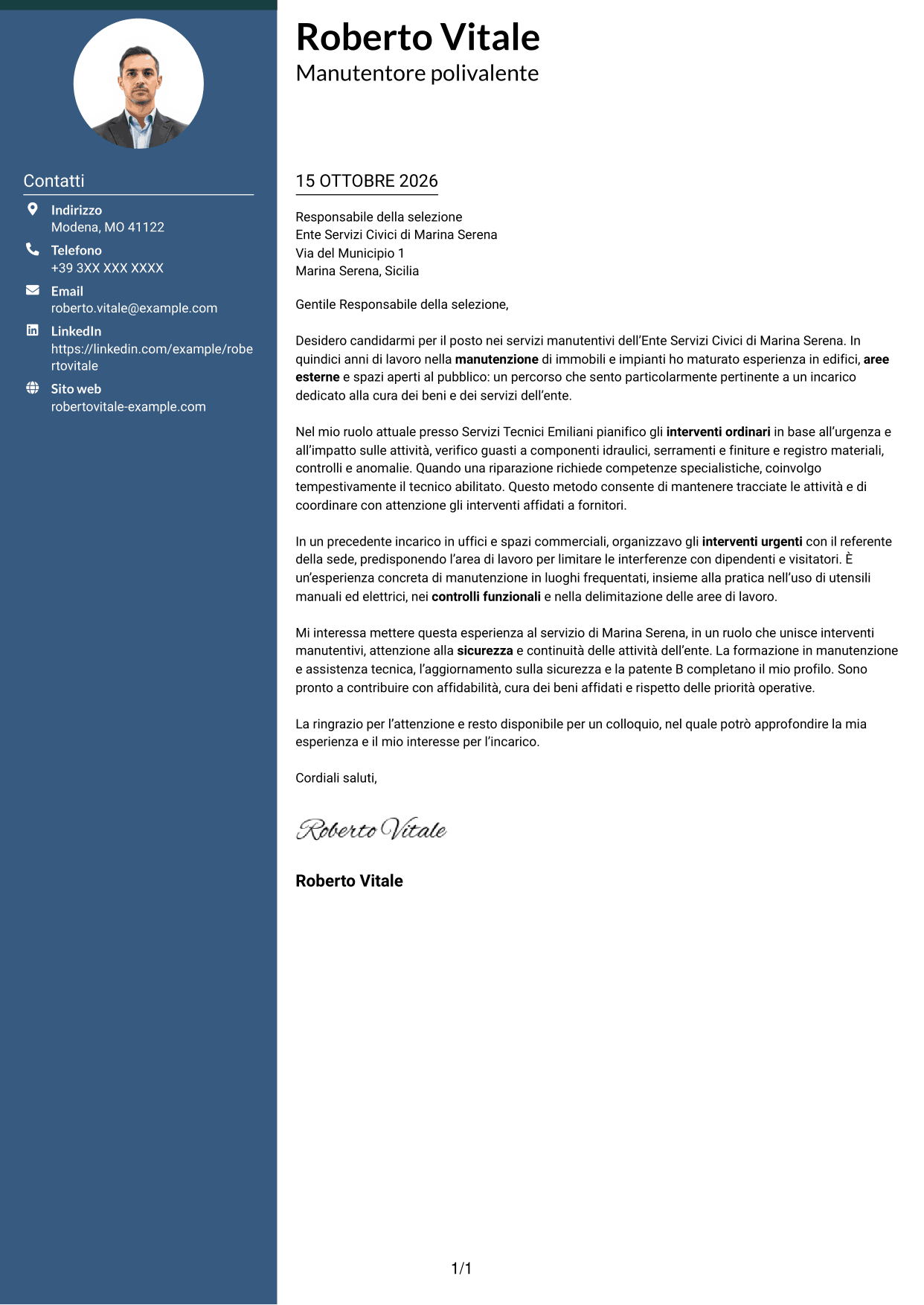 Lettera di presentazione Elegante (formato con colonna laterale colorata e foto): Operatore esperto in servizi manutentivi, pagina 1