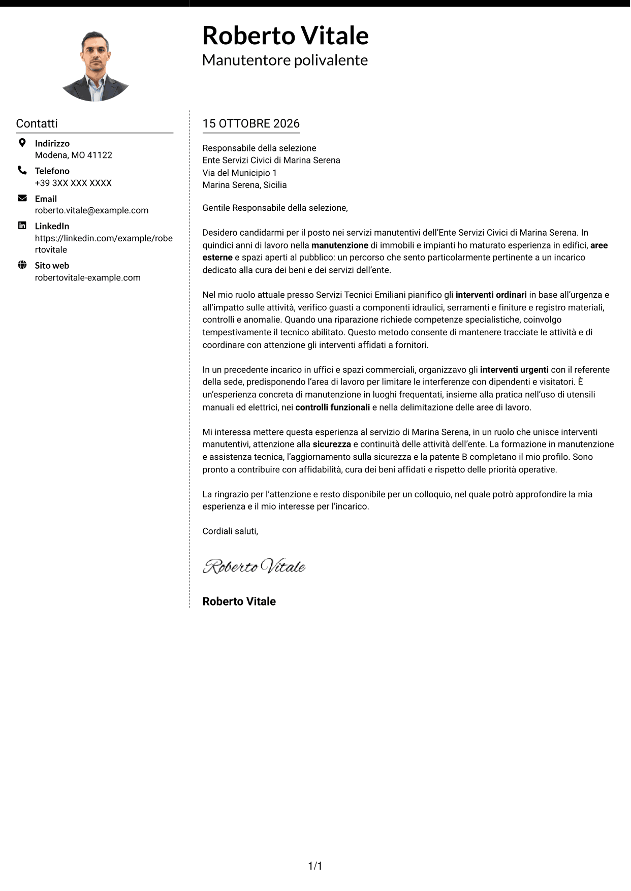 Lettera di presentazione Moderno (formato a due colonne con foto a sinistra e separatore): Operatore esperto in servizi manutentivi, pagina 1