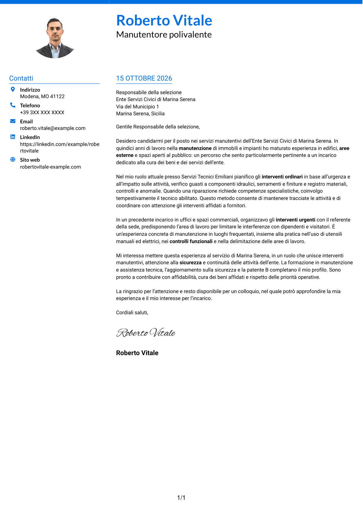 Lettera di presentazione Audace (formato a due colonne con accenti colorati e foto): Operatore esperto in servizi manutentivi, pagina 1