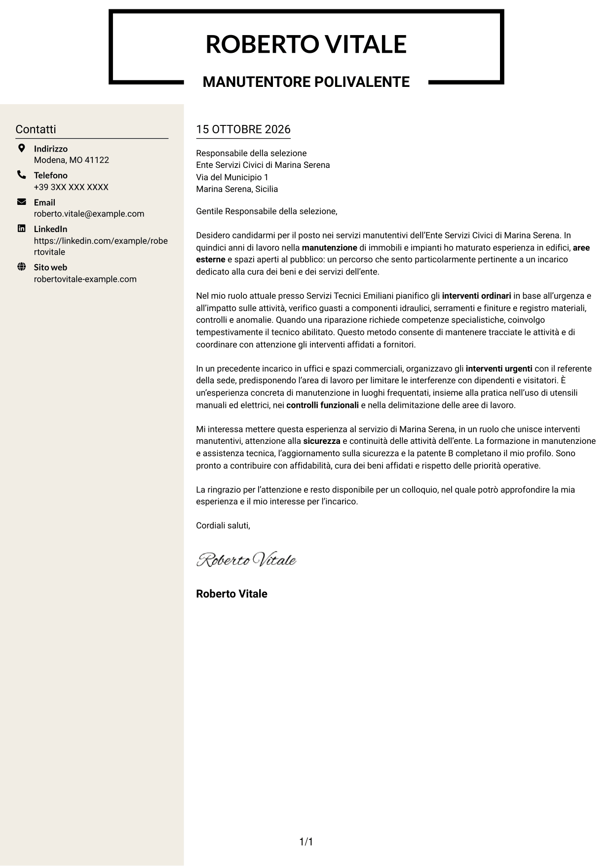 Lettera di presentazione Intraprendente (formato a due colonne con intestazione centrata senza foto): Operatore esperto in servizi manutentivi, pagina 1