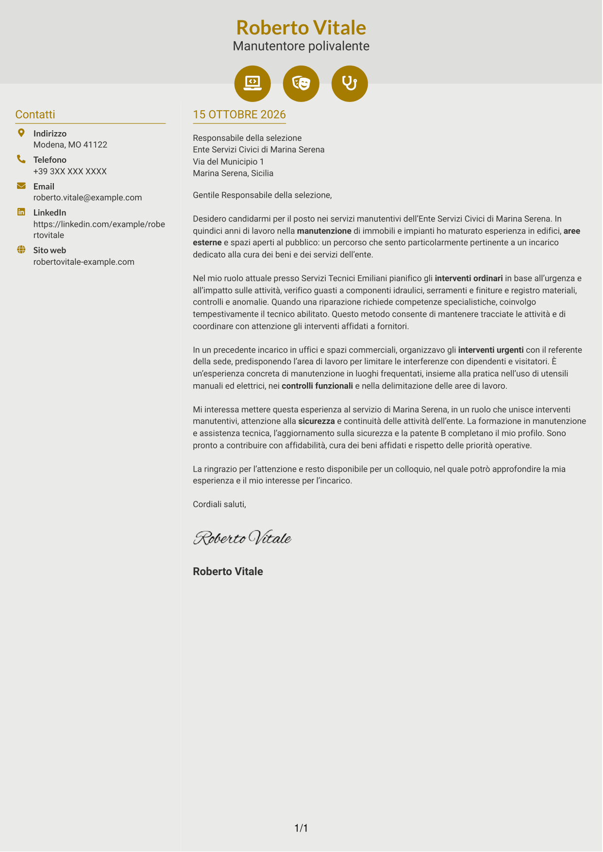 Lettera di presentazione Dinamico (formato a due colonne con icone): Operatore esperto in servizi manutentivi, pagina 1