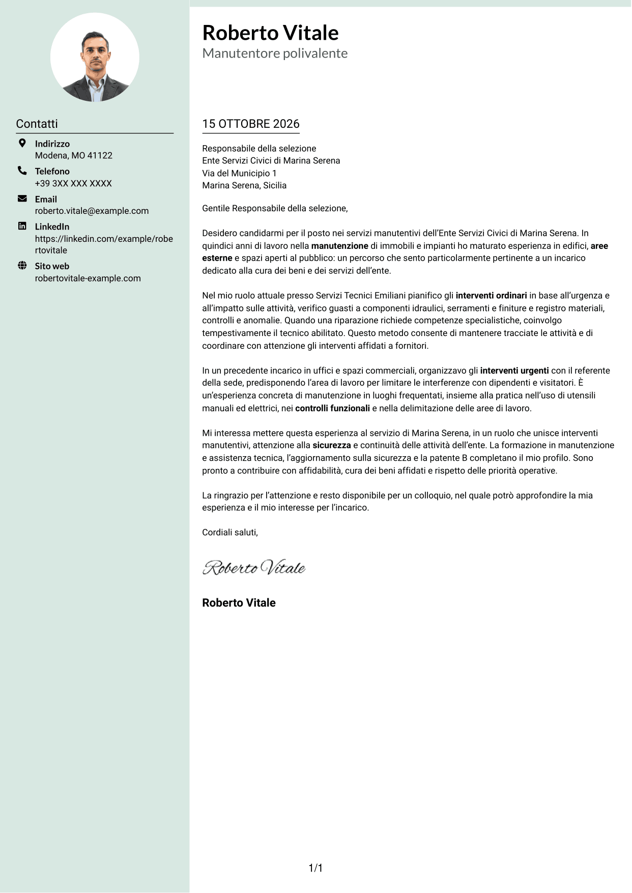 Lettera di presentazione Dirigente (formato con colonna laterale tenue e foto arrotondata): Operatore esperto in servizi manutentivi, pagina 1