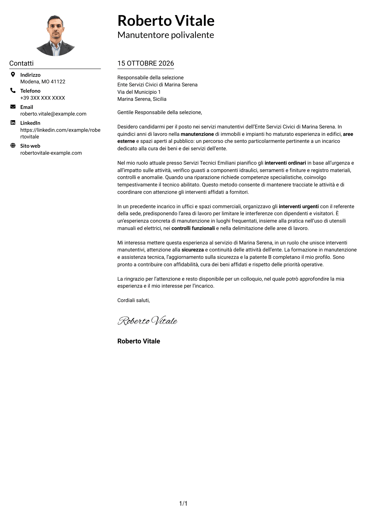 Esempio di lettera di presentazione — pagina 1