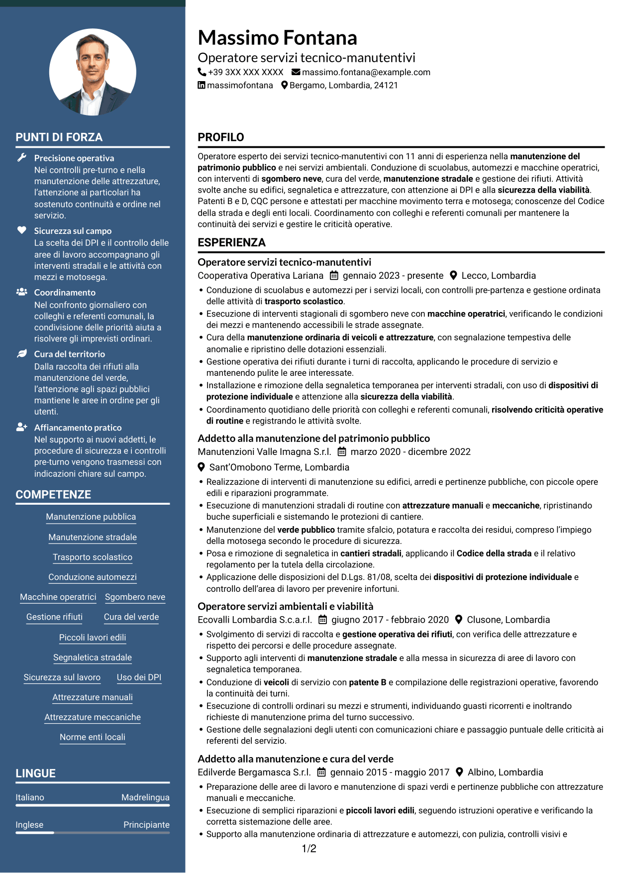 CV Elegante (formato con colonna laterale colorata e foto): Operatore esperto servizi tecnico-manutentivi - Manutenzione del patrimonio pubblico, pagina 1