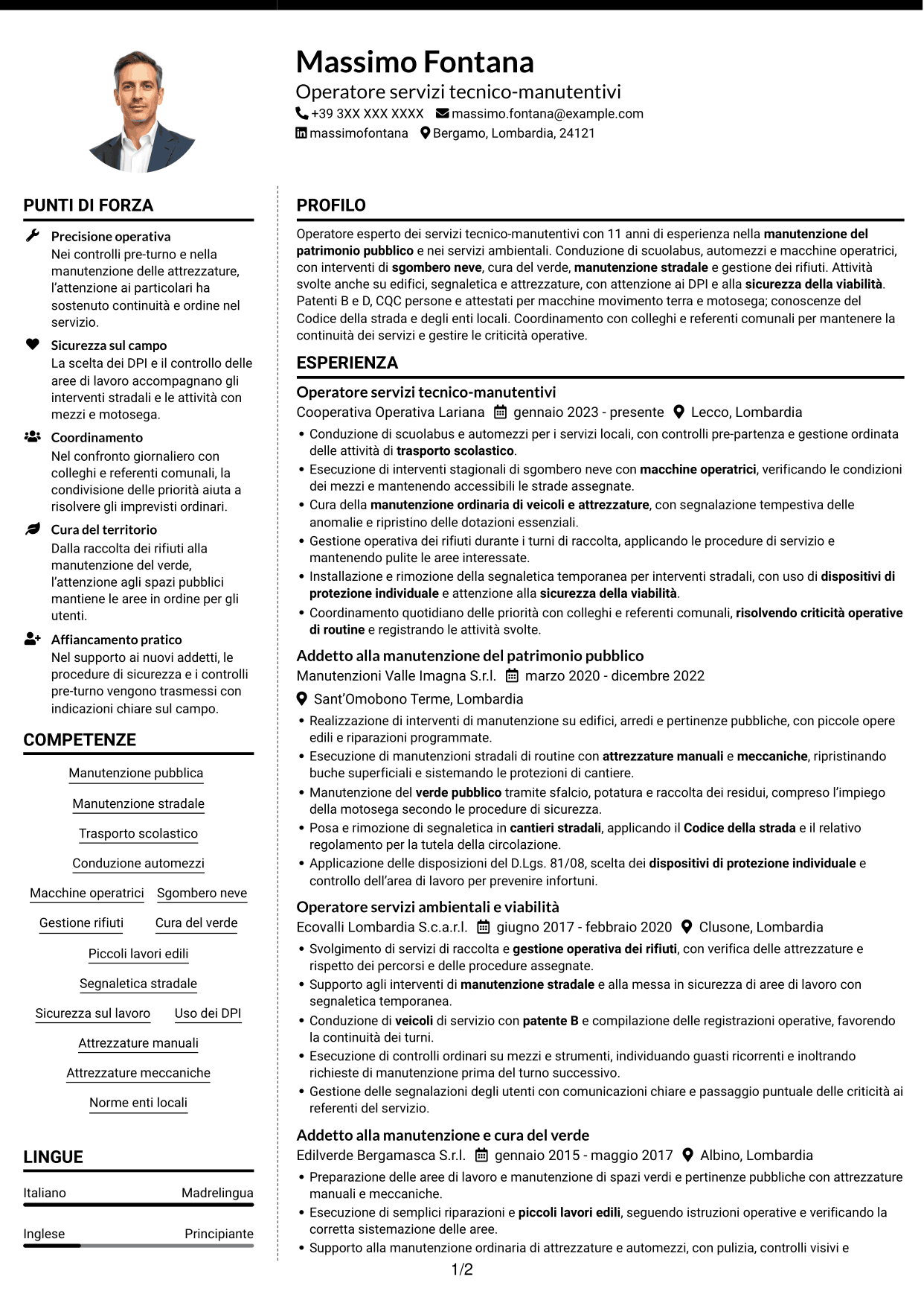 CV Moderno (formato a due colonne con foto a sinistra e separatore): Operatore esperto servizi tecnico-manutentivi - Manutenzione del patrimonio pubblico, pagina 1