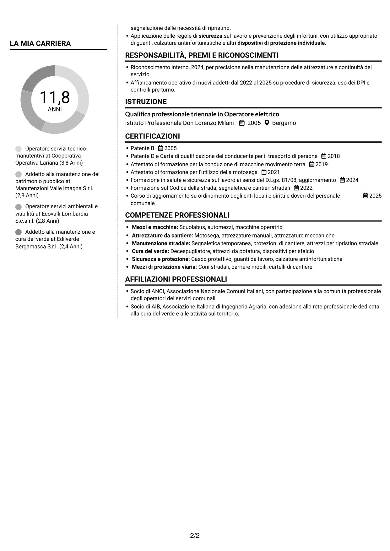 CV Moderno (formato a due colonne con foto a sinistra e separatore): Operatore esperto servizi tecnico-manutentivi - Manutenzione del patrimonio pubblico, pagina 2