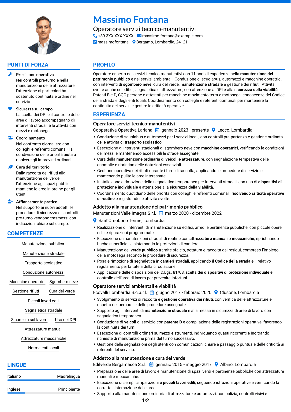 CV Audace (formato a due colonne con accenti colorati e foto): Operatore esperto servizi tecnico-manutentivi - Manutenzione del patrimonio pubblico, pagina 1