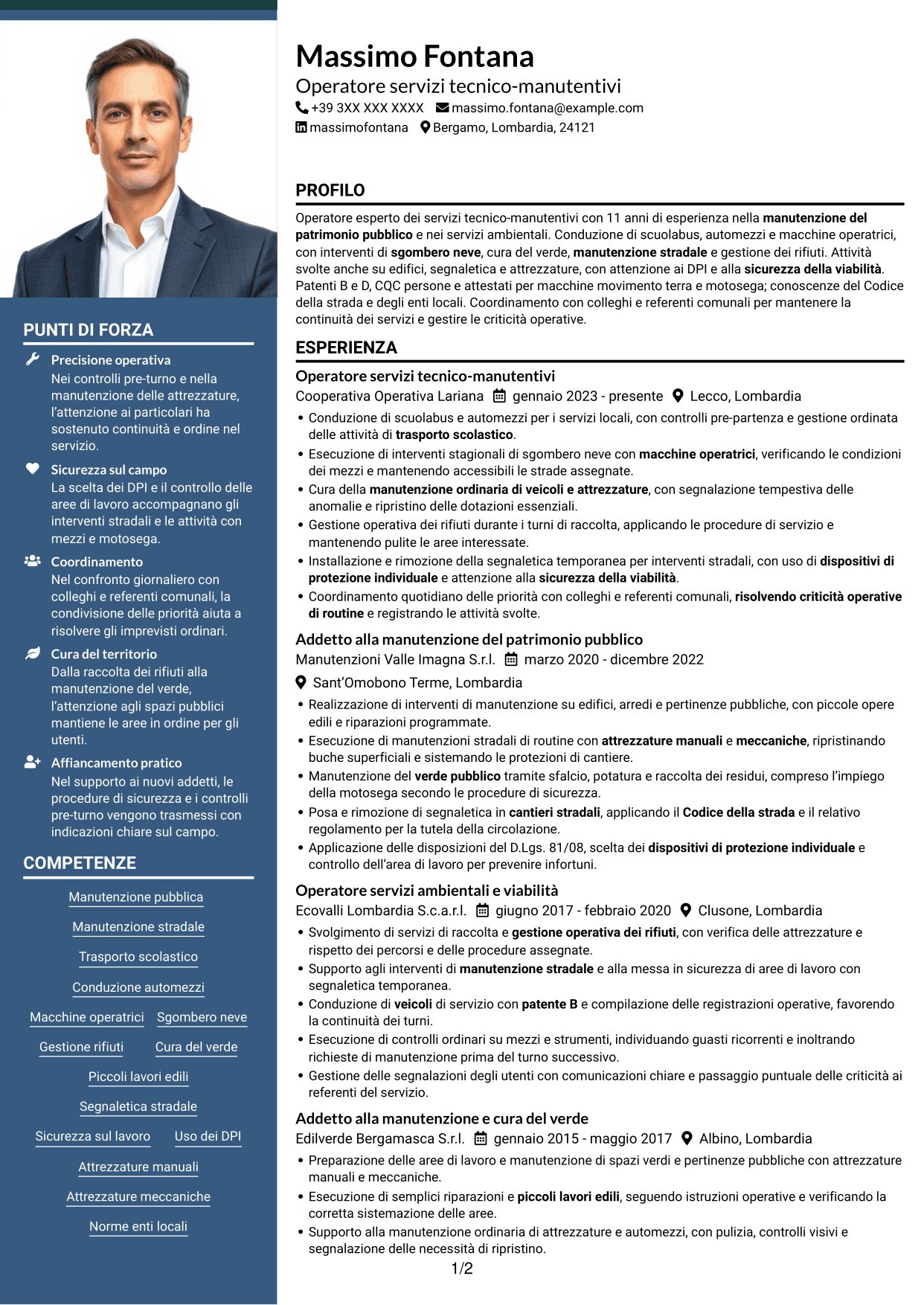 CV Signature (formato con colonna laterale colorata e foto grande): Operatore esperto servizi tecnico-manutentivi - Manutenzione del patrimonio pubblico, pagina 1