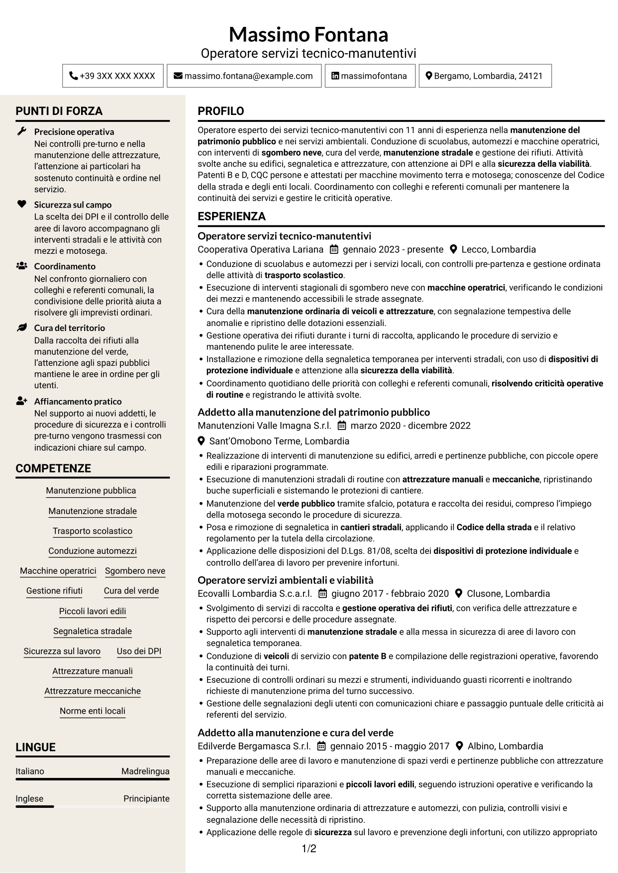 CV Intraprendente (formato a due colonne con intestazione centrata senza foto): Operatore esperto servizi tecnico-manutentivi - Manutenzione del patrimonio pubblico, pagina 1
