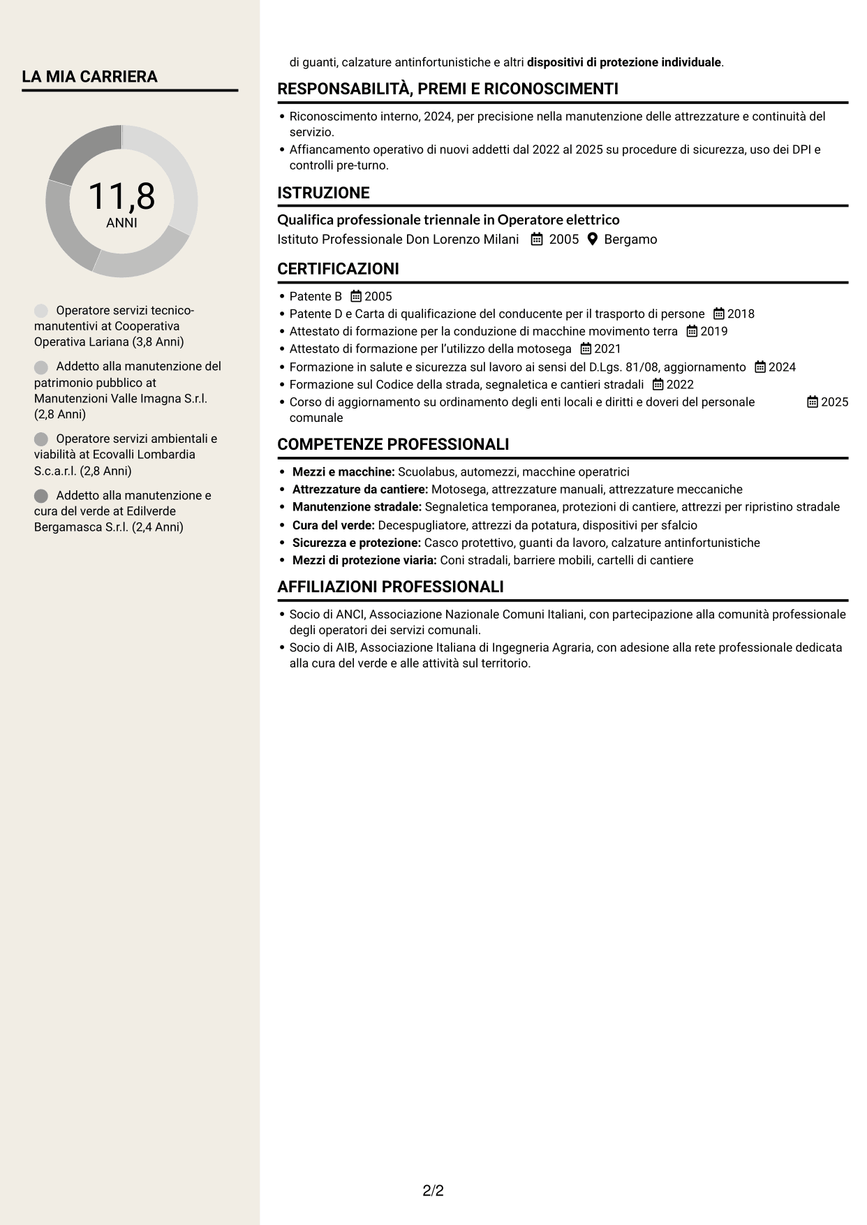 CV Intraprendente (formato a due colonne con intestazione centrata senza foto): Operatore esperto servizi tecnico-manutentivi - Manutenzione del patrimonio pubblico, pagina 2
