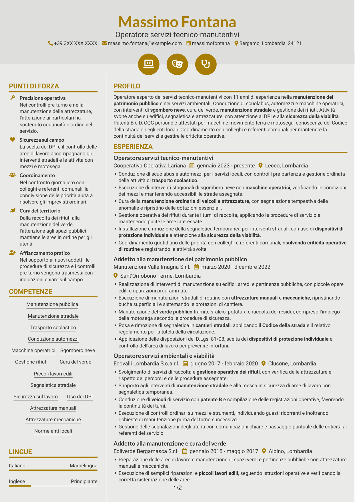 CV Dinamico (formato a due colonne con icone): Operatore esperto servizi tecnico-manutentivi - Manutenzione del patrimonio pubblico, pagina 1