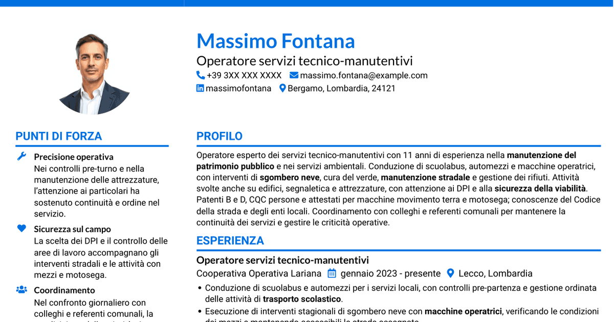 7 modelli di CV per Operatore esperto servizi tecnico-manutentivi - Manutenzione del patrimonio pubblico, con esempi