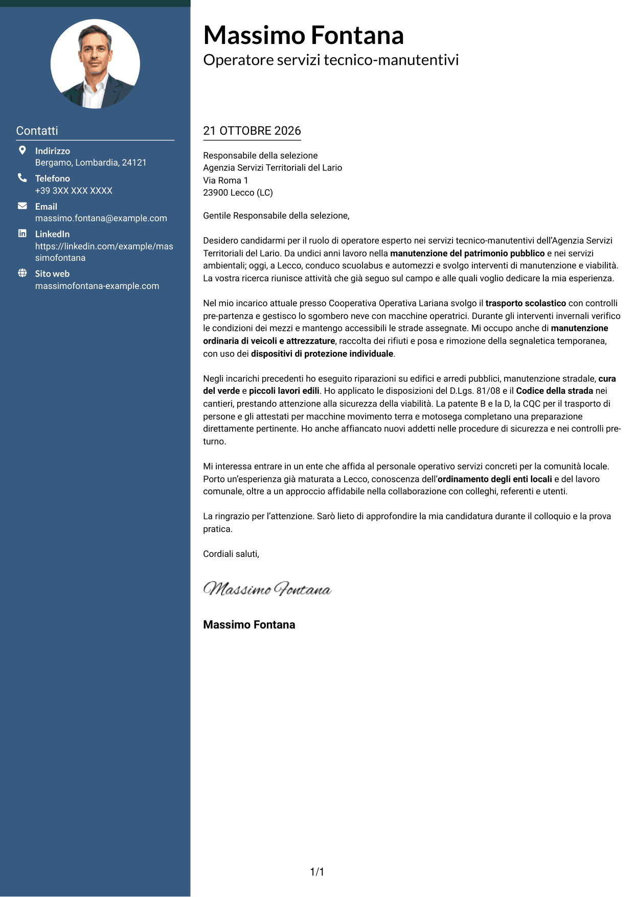 Lettera di presentazione Elegante (formato con colonna laterale colorata e foto): Operatore esperto servizi tecnico-manutentivi - Manutenzione del patrimonio pubblico, pagina 1
