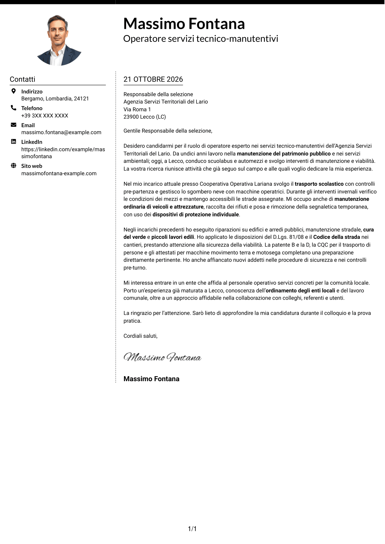 Lettera di presentazione Moderno (formato a due colonne con foto a sinistra e separatore): Operatore esperto servizi tecnico-manutentivi - Manutenzione del patrimonio pubblico, pagina 1
