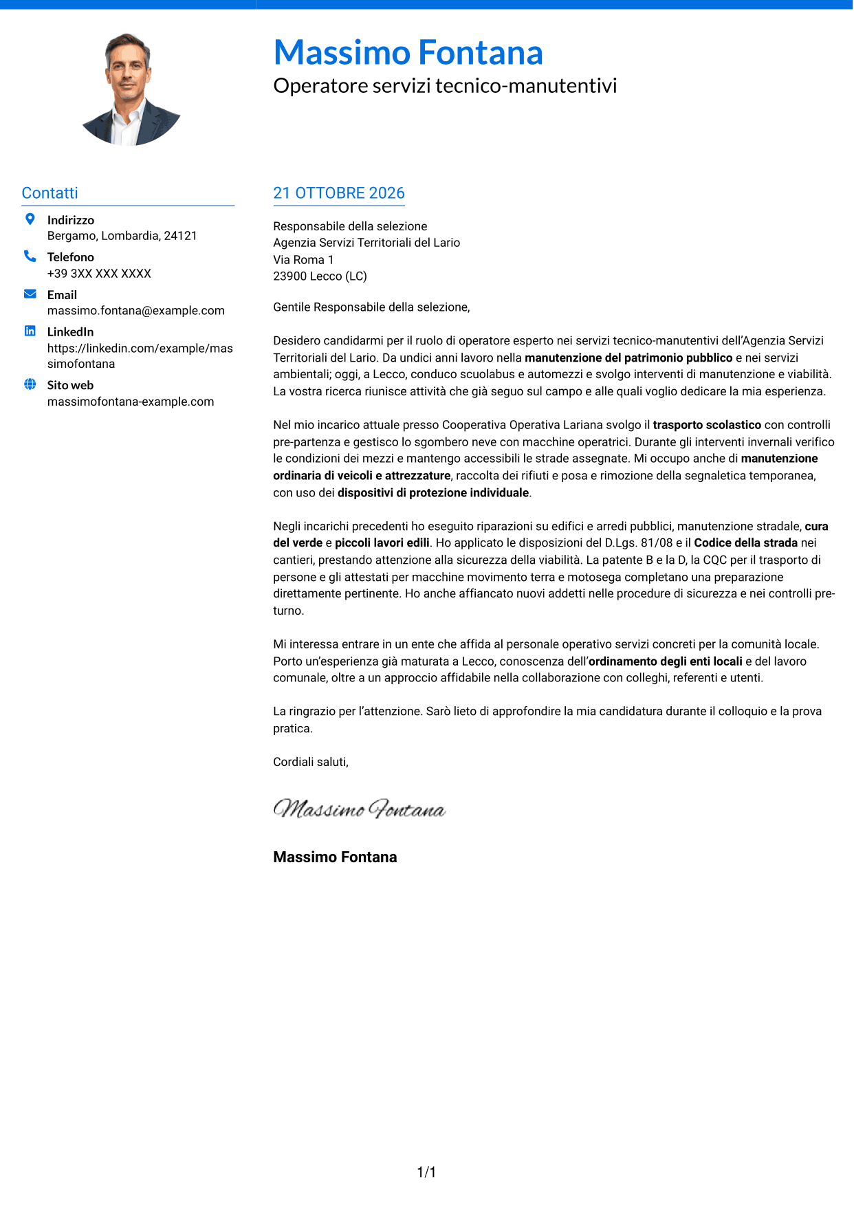 Lettera di presentazione Audace (formato a due colonne con accenti colorati e foto): Operatore esperto servizi tecnico-manutentivi - Manutenzione del patrimonio pubblico, pagina 1