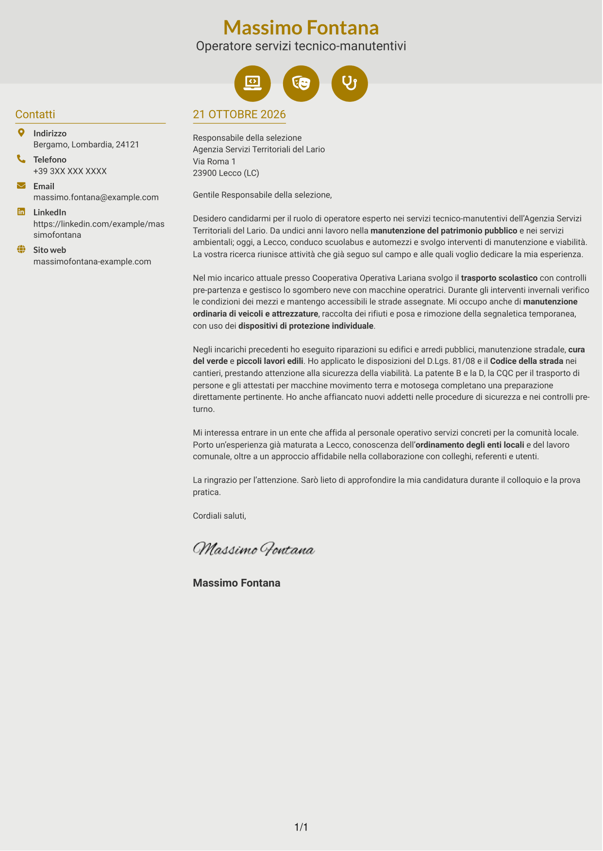 Lettera di presentazione Dinamico (formato a due colonne con icone): Operatore esperto servizi tecnico-manutentivi - Manutenzione del patrimonio pubblico, pagina 1