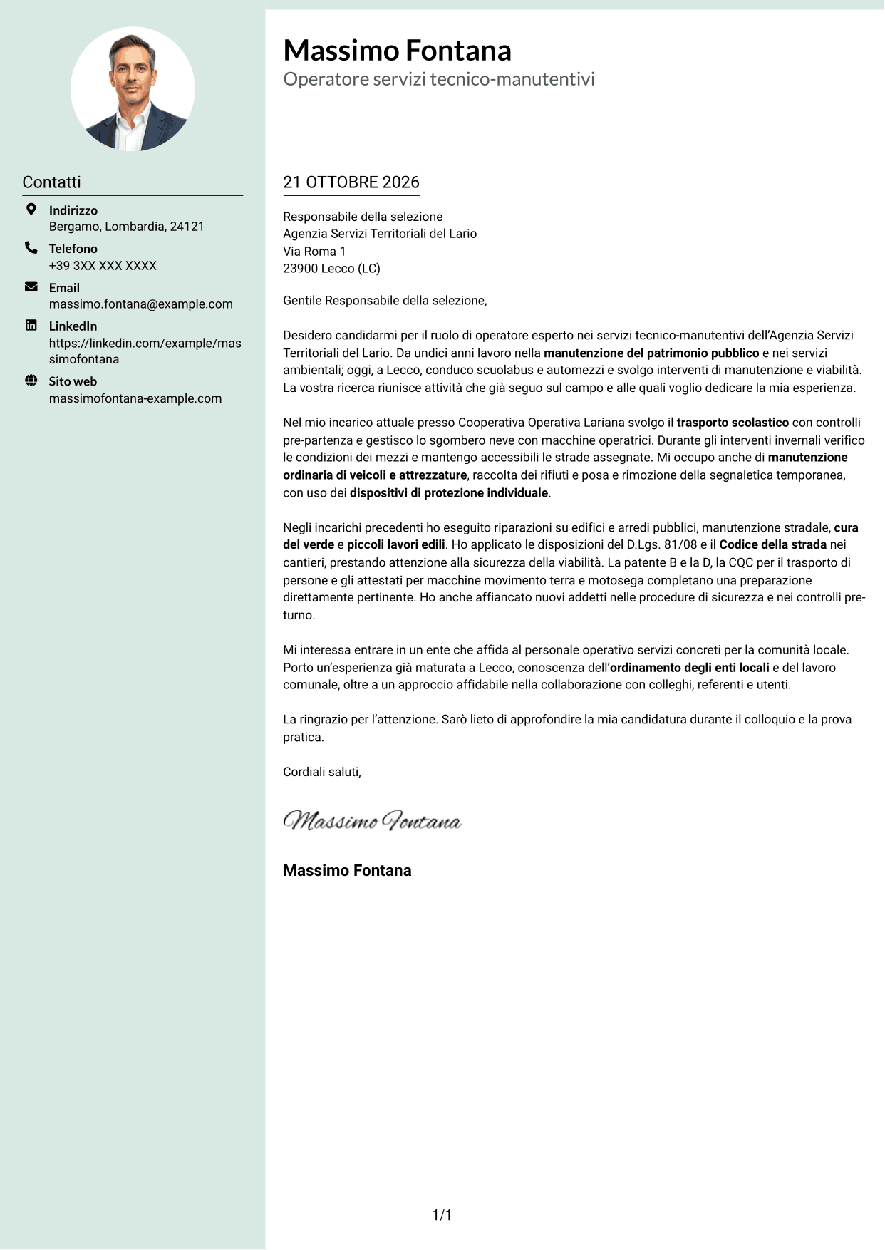 Lettera di presentazione Dirigente (formato con colonna laterale tenue e foto arrotondata): Operatore esperto servizi tecnico-manutentivi - Manutenzione del patrimonio pubblico, pagina 1