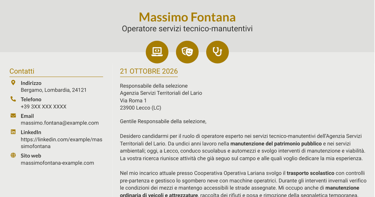 7 modelli di lettera di presentazione per Operatore esperto servizi tecnico-manutentivi - Manutenzione del patrimonio pubblico, con esempi