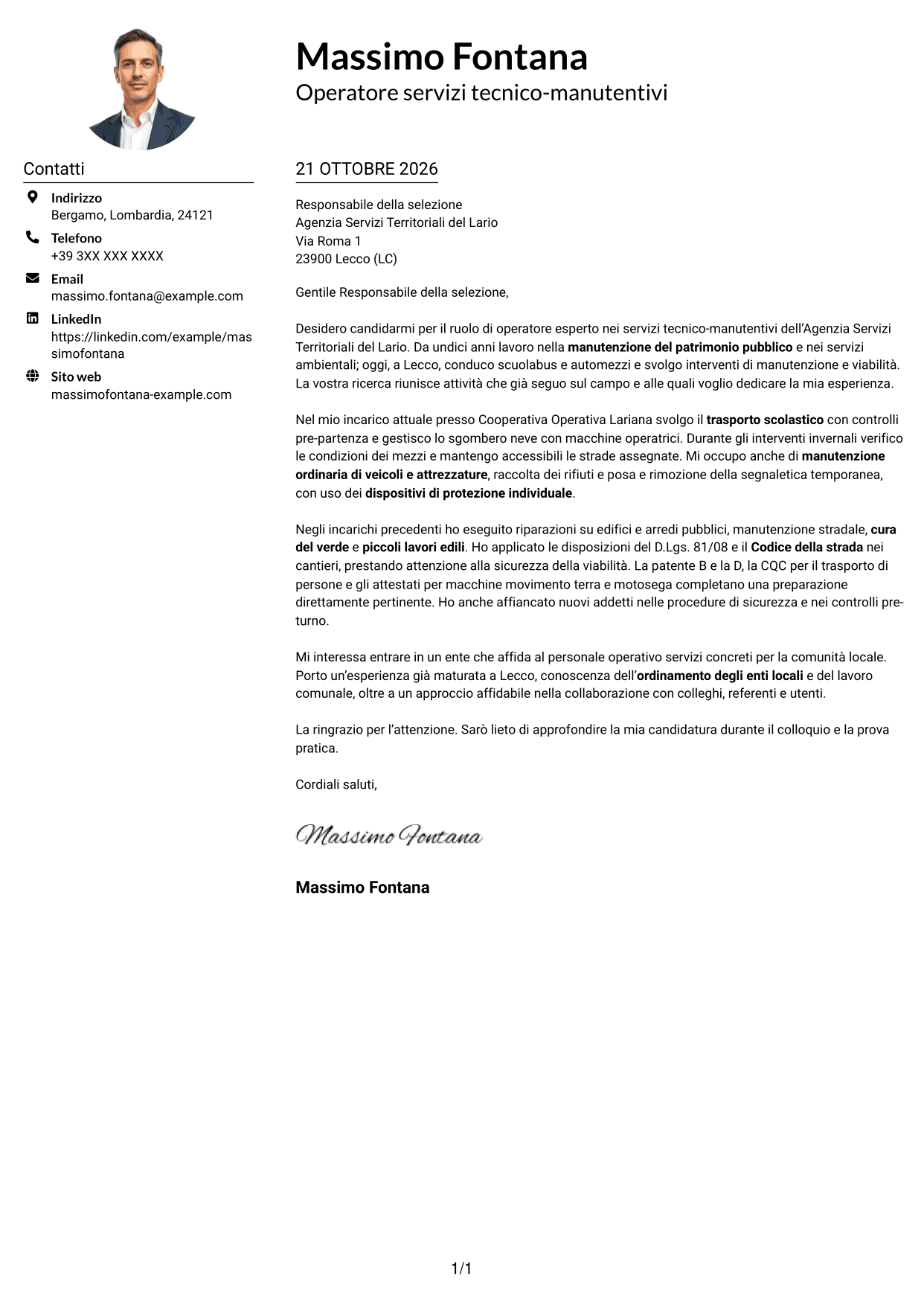 Esempio di lettera di presentazione — pagina 1