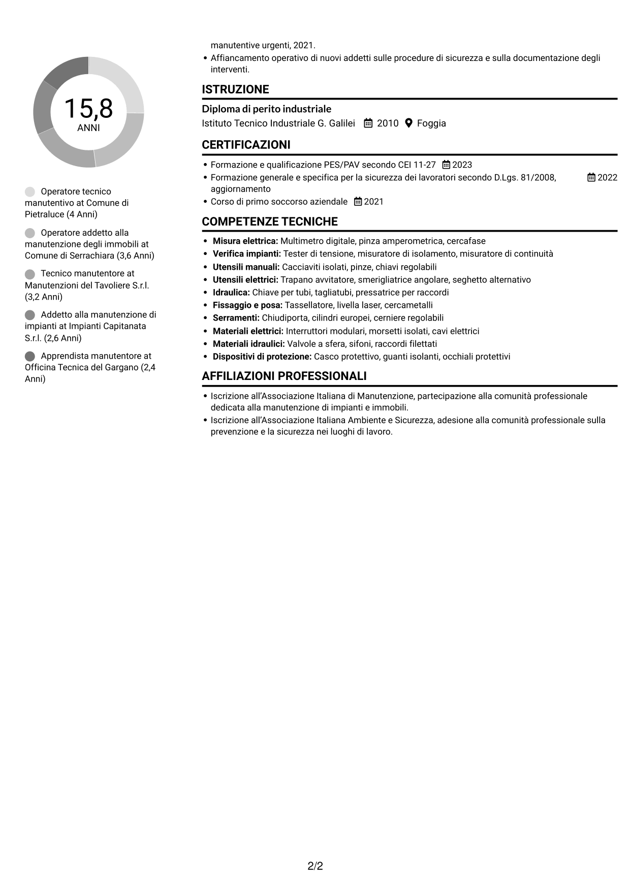 CV Compatto (formato sobrio a due colonne con foto): Operatore esperto tecnico manutentivo, pagina 2