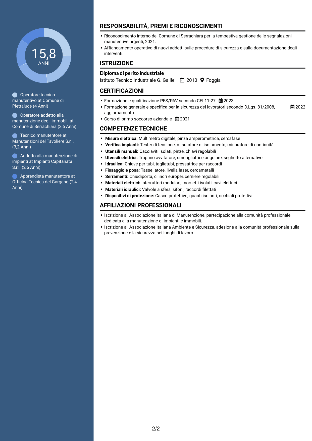 CV Elegante (formato con colonna laterale colorata e foto): Operatore esperto tecnico manutentivo, pagina 2