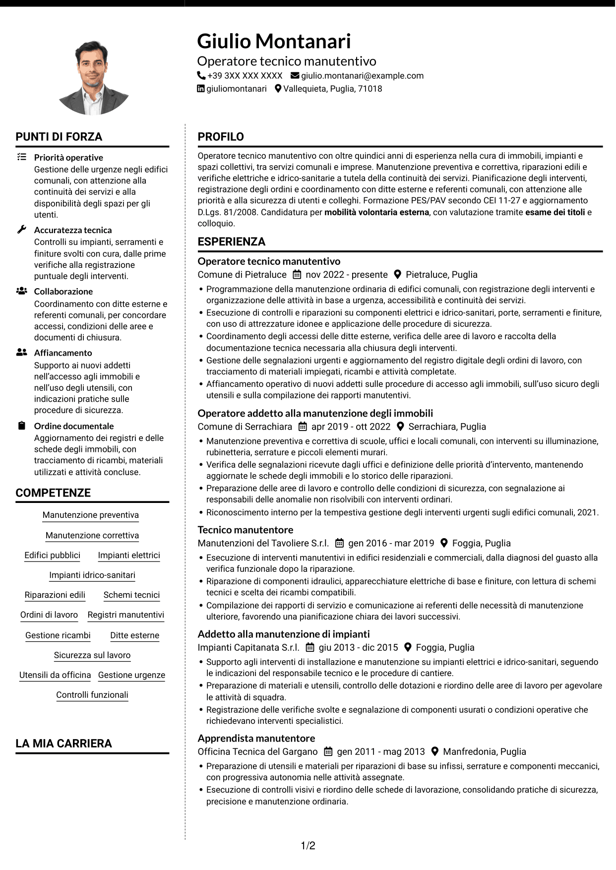 CV Moderno (formato a due colonne con foto a sinistra e separatore): Operatore esperto tecnico manutentivo, pagina 1