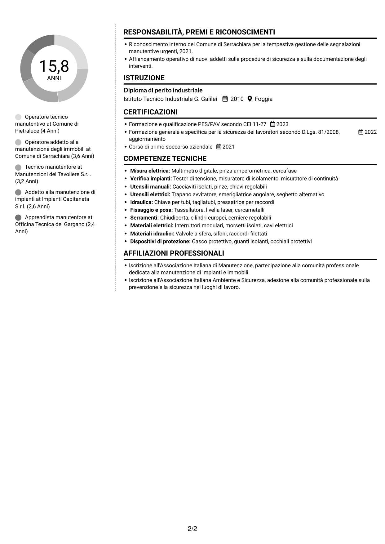 CV Moderno (formato a due colonne con foto a sinistra e separatore): Operatore esperto tecnico manutentivo, pagina 2